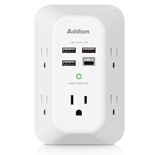 USB Wall Charger Surge Protector 5 Outlet Extender with 4 USB Charging Ports ( 1 USB C Outlet) 3 Sided 1800J Power Strip Multi Plug Outlets Wall Adapter Spaced for Home Travel Office ETL Listed