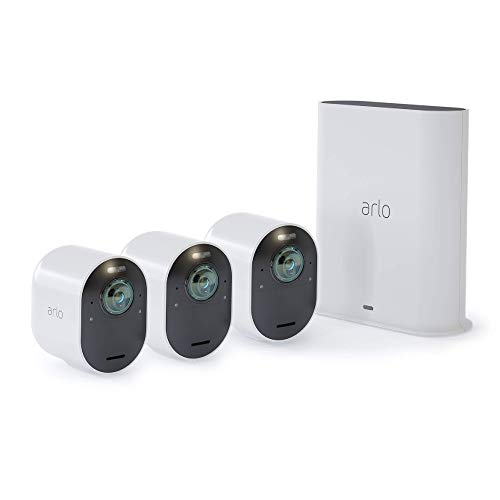 Arlo Ultra - 4K UHD Wire-Free Security 3 Camera System | Indoor/Outdoor with Color Night Vision, 180° View, 2-Way Audio, Spotlight, Siren | Compatible with Alexa and Homekit | (VMS534) (Renewed)