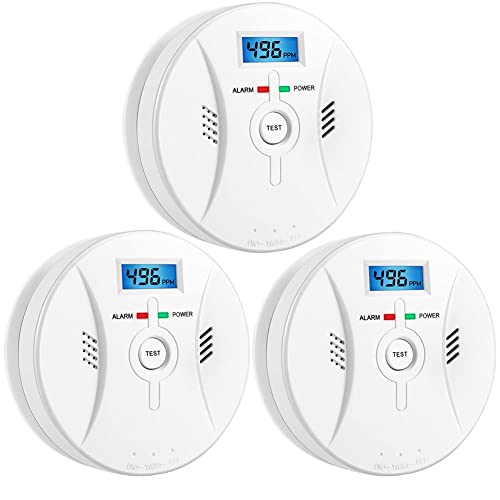 3 Pack Combination Smoke and Carbon Monoxide Detector Alarm Digital Display for Travel Home Bedroom and Kitchen 9V Battery Operated White YJ-00903