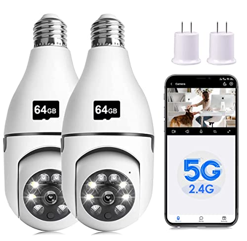 Light Bulb Security Camera, 1080P 2.4G&5G Light Bulb Camera Built-in 355° PTZ&Night Vision&Motion Detection Light Socket Camera Works with Alexa&Google Assistant (2Pack 2.4G&5G with 64G SD Card)