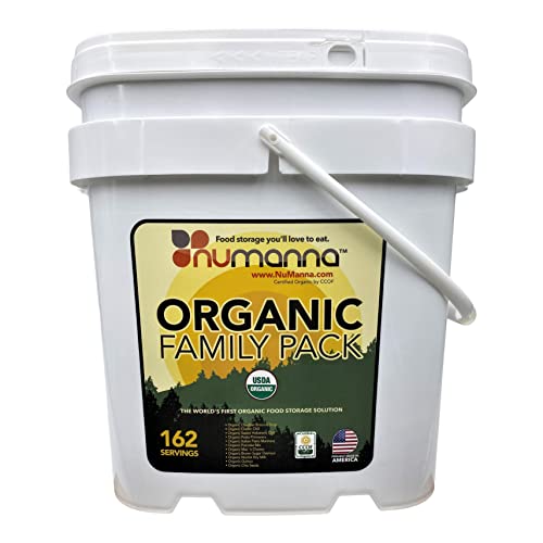 NuManna USDA ORGANIC Family Pack 162 Servings, Emergency Survival Food Storage Kit, Separate Rations, in a Bucket, Meals Included Have 25 Year Shelf Life , GMO-Free (Single)