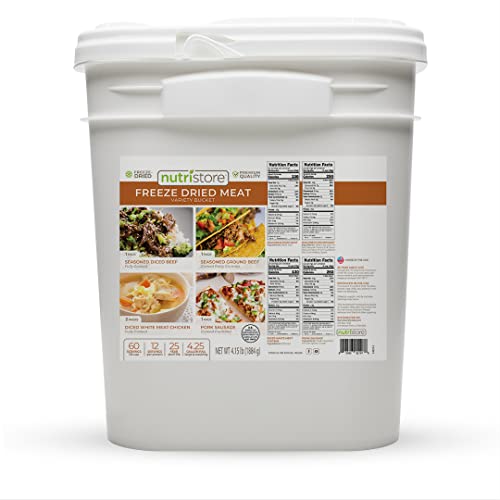 Nutristore Premium Meat Variety Bucket | 60 Large Servings | Freeze-Dried Chicken, Ground Beef, Beef Dices, & Sausage | 25-Year Shelf Life | Made in USA | Emergency Survival Food Supply