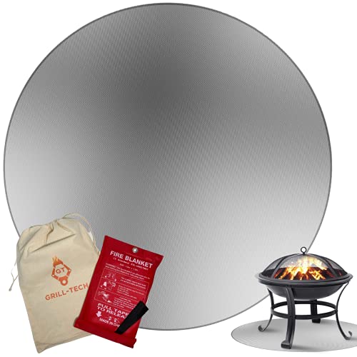 Grill-Tech 36 Inch Silicone Fire Pit Mat and Fire Blanket Bundle - Fiberglass and Silicone Fireproof Mat for Wood Deck, Patio and Grass | Canvas Storage Bag |Round 3-Layer Heat Resistant Pad