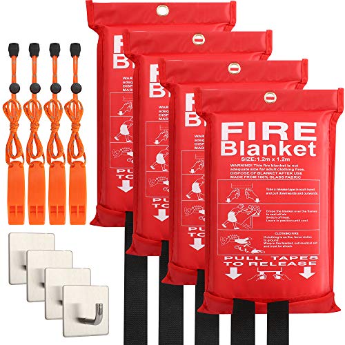 4-Pack Fire Blanket - X-Large Fiberglass Fire Blanket Fire Suppression Blanket - Fire Blankets Emergency for People - Fire Safety Blanket with Emergency Whistles - Fireblanket for Kitchen, Home