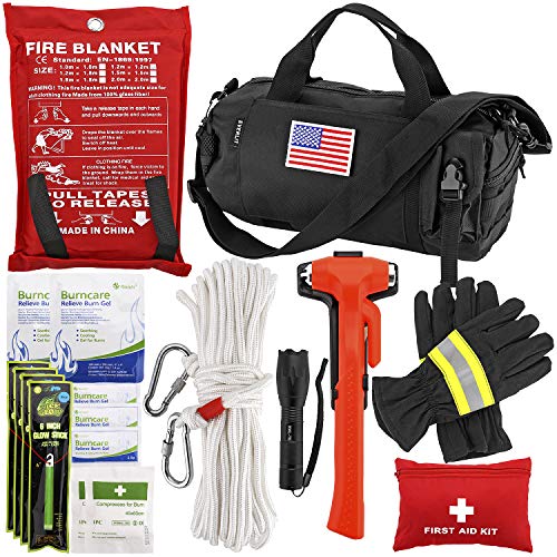 EVERLIT Survival Emergency Fire Safety Kit with Fire Blanket, Heat Resistant Gloves, Escape Rope, Glass Hammer, Glow Sticks, Flashlight, First Aid Supplies with Burn Injury Care Treatment and More